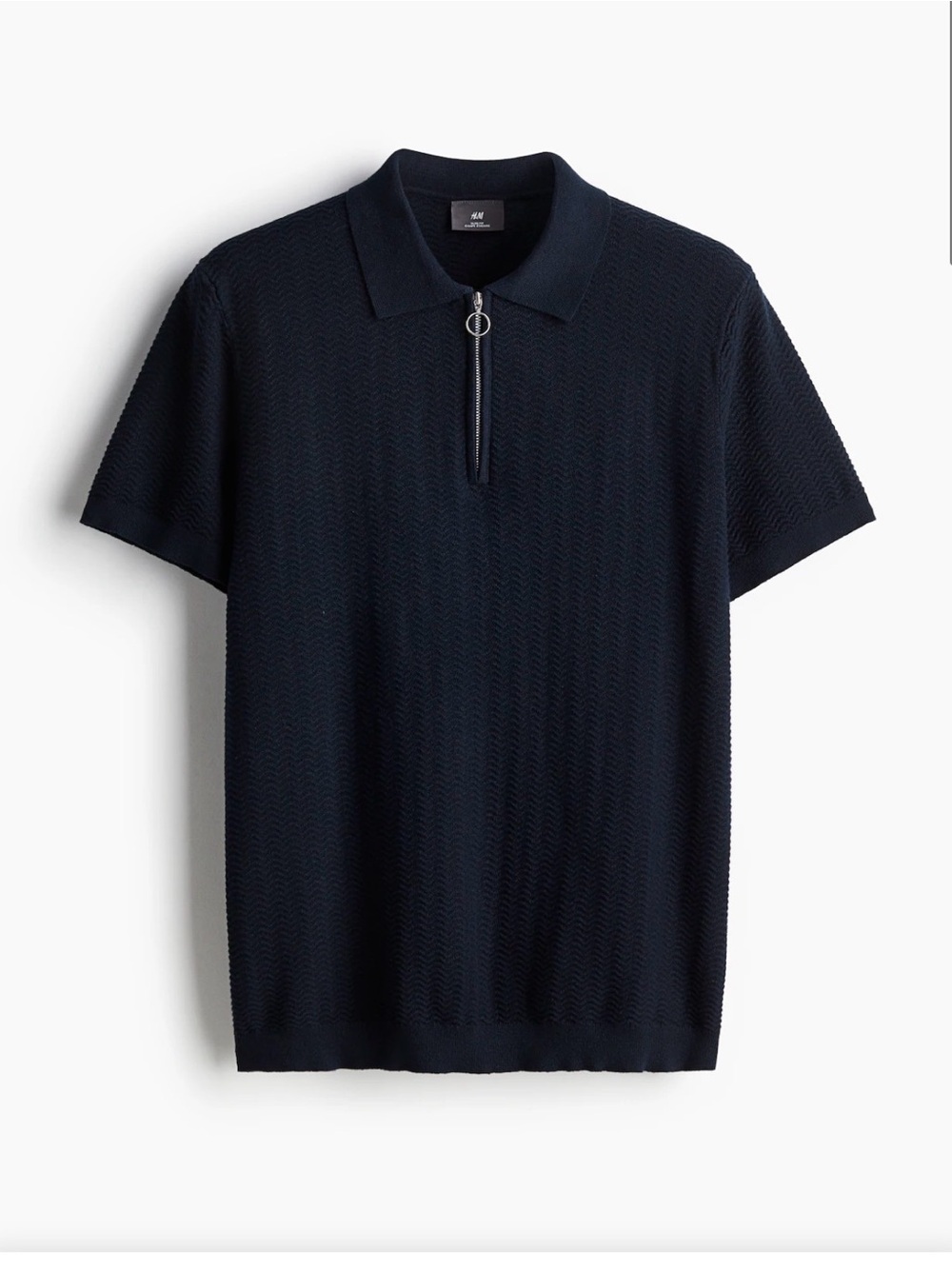 H&M Men's Dark Blue Short-Sleeve Zip-Front Polo